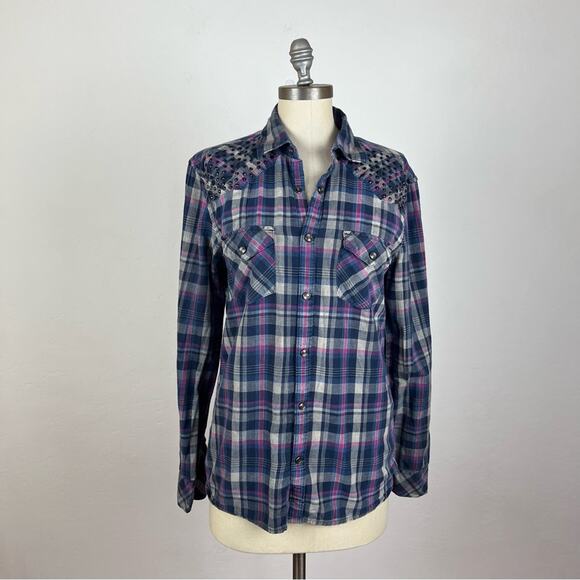 7 For All Mankind Grommet Plaid Button Down Shirt - Picture 1 of 7